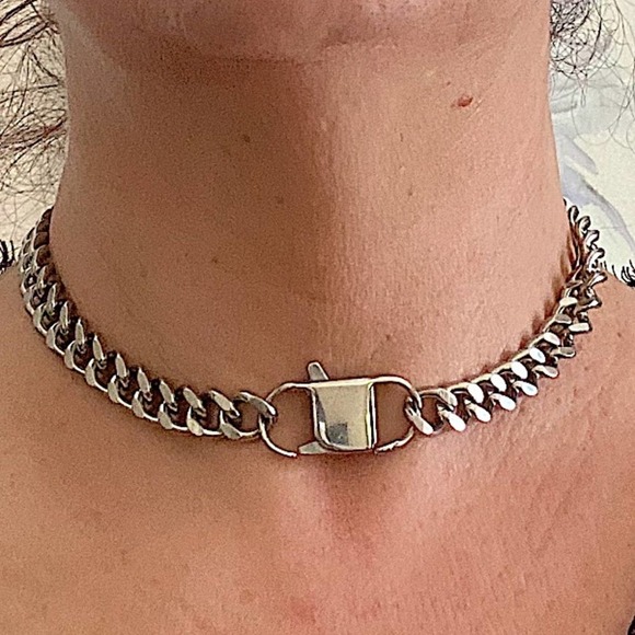 Silver Statement Cuban Chain Link Miami Safety Pin Choker Necklace - Picture 1 of 5